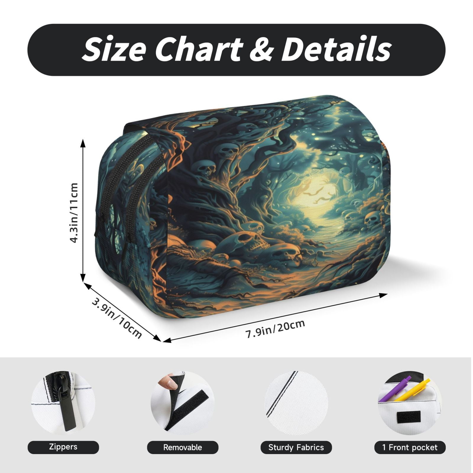 Rateoe Enchanted Forest Skull Path Pattern Double Clamshell Pen Case, Storage Organizer with Two Zipper Compartments– Holds Up to 50 Pencils & Pens