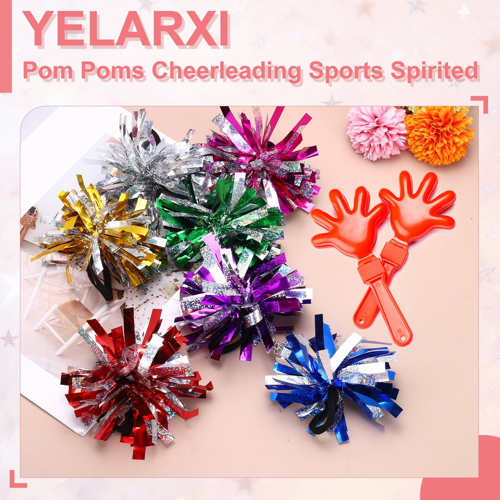 Uxcell 24 Pcs Cheerleading Pom Poms Hair Ropes for Basketball Game,Outdoor Activities, Gold, Red, Silver