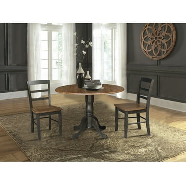 42" Solid Wood Dual Drop Leaf Pedestal Dining Table with 2 Madrid Ladder Back Chairs in Hickory/Washed Coal by International Concepts