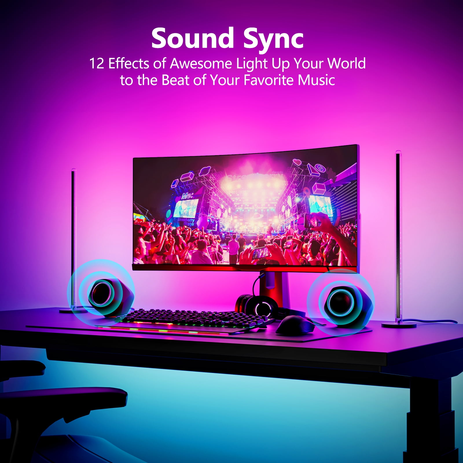 RGB Smart LED Gaming Lights Ambient Lighting, 16.5ft LED Lightbar and 8.2ft LED Strip, Music Sync, Software Control, Compatible with Max. 34 Inch Monitor