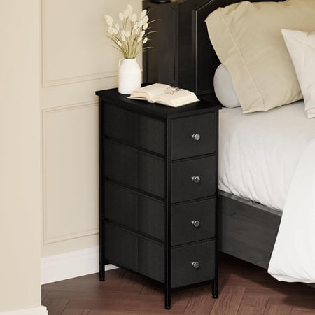 Narrow Storage Cabinet, Dresser with 4 Drawers, Slim Fabric Dresser Storage Tower for Small Spaces, Black Dresser with Steel Frame, Wood Top, for Bedroom, Bathroom, Laundry, Closet