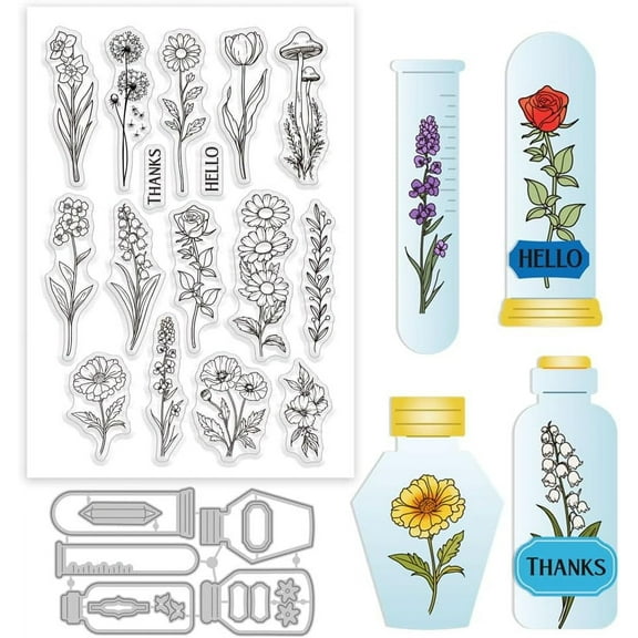 Dandelions Rose Bottle Clear Stamp and Cutting Dies Set for Card Making Spring Flowers Silicone Clear Stamp Metal Glass Jar Die Cuts for DIY Scrapbooking Photo Album Decorative diy