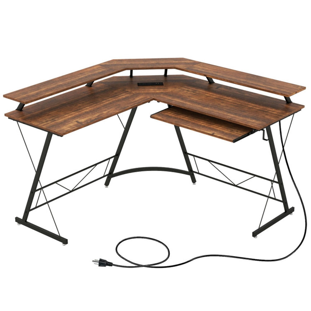 Demi Bonn L-shaped Computer Desk with Power Outlet and Monitor Stand, Small Home Office Desk Study Writing Table, Brown