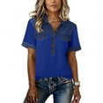 thumbnail image 5 of Denim Shirt Women Trendy Patchwork Short Sleeve Jean Shirt Casual Lapel Collared Shirts Button Up V Neck T Shirts Blue S, 5 of 5