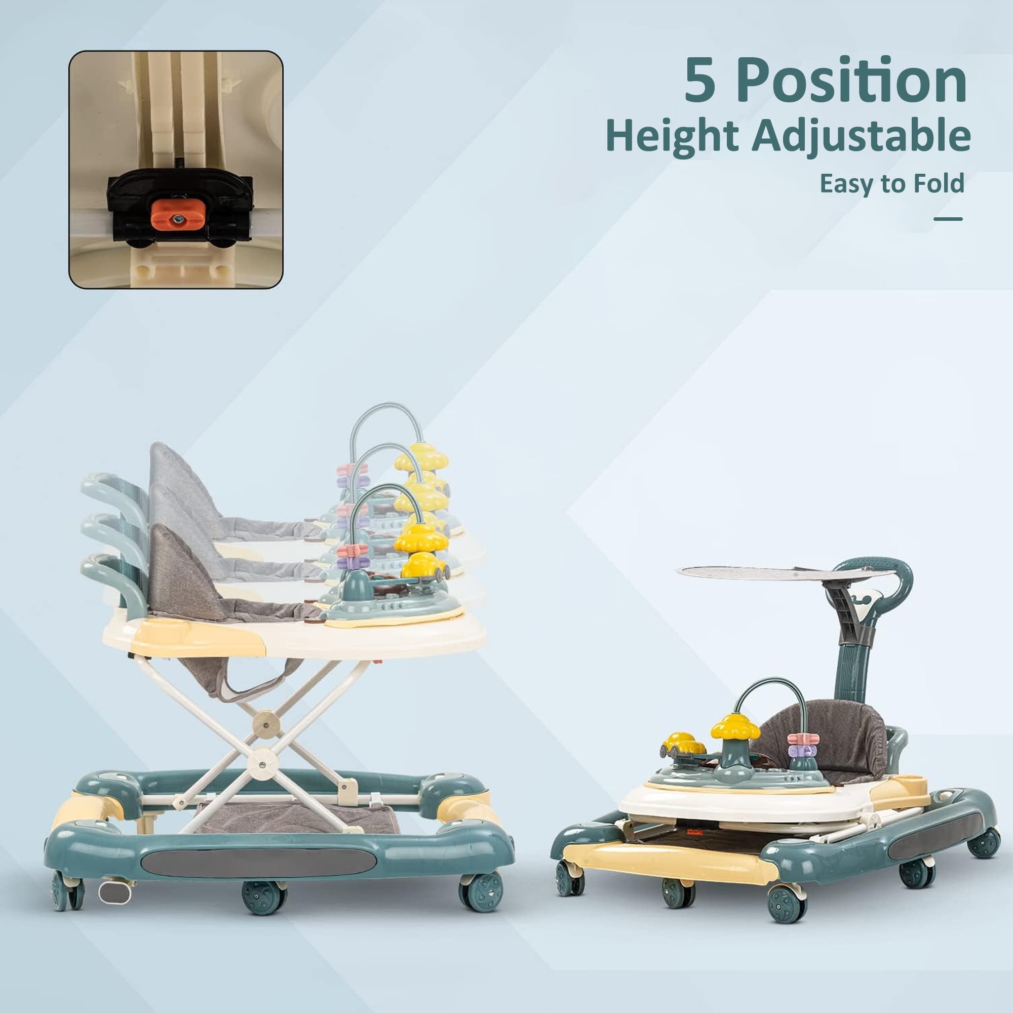EONROACOO 5-in-1 Baby Walker, Music and Lights Infant Walker for Boys Girls, Walker with Toys, Green