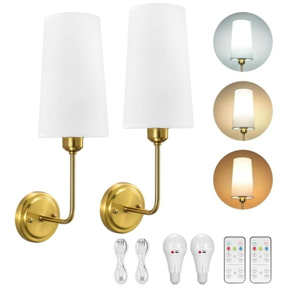 Glitnous Battery Operated Wall Sconces Set of Two, Gold Wall Sconce Battery Operated with Remote, Not Hardwired Dimmable Battery Sconce with Bulb&Cable, Wireless Wall Light for Bedroom Living Room