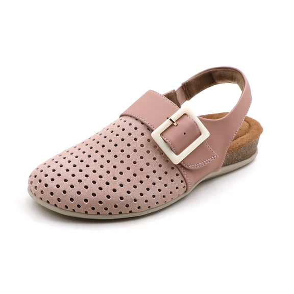 Women's Cushioned Genuine Leather Perforated Slingback Buckle Comfort Clogs Cork Footbed
