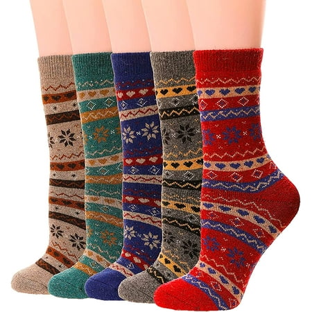 

YAZI 5Pack Womens Vintage Winter Soft Warm Thick Cold Knit Wool Crew Socks Multicolor free size