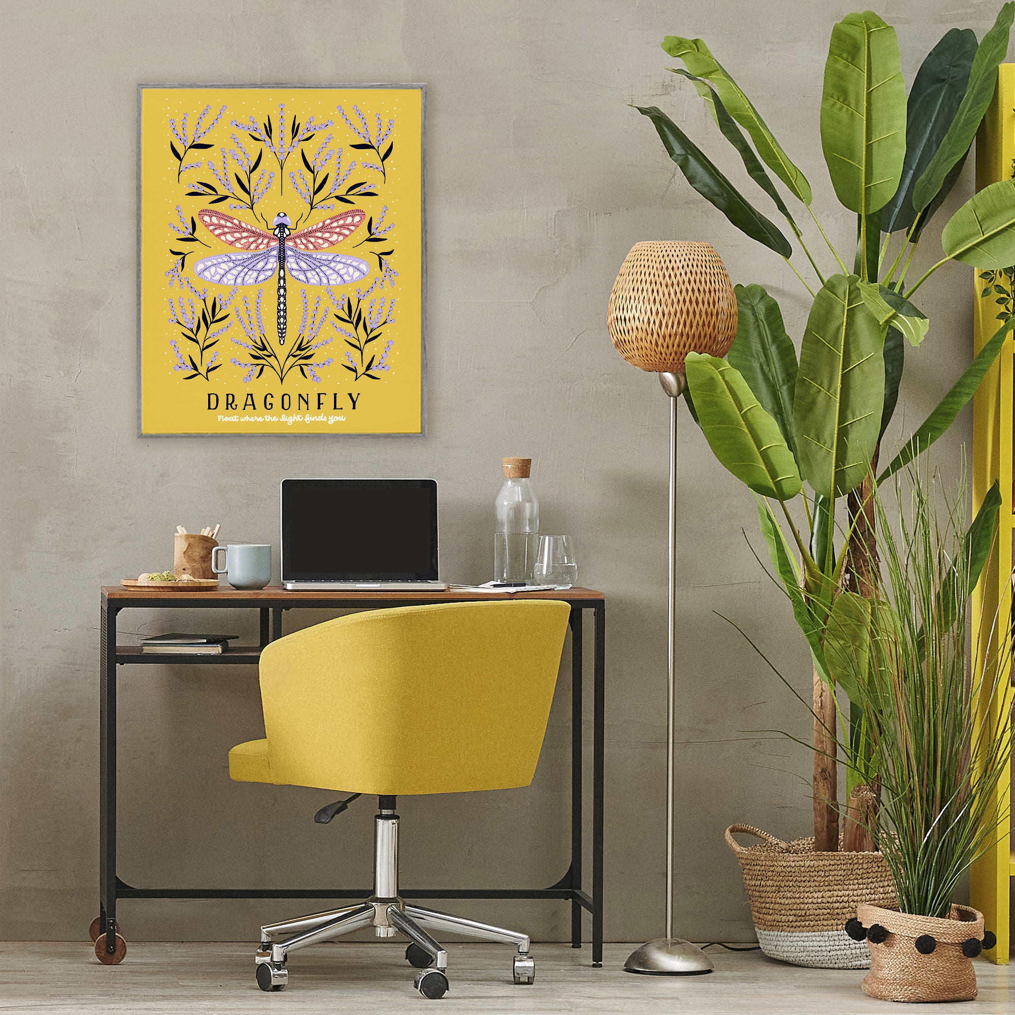 Stupell Industries Dragonfly Symmetry on Yellow Gray Framed Giclee Art, design by Indira Prieto | IndySign