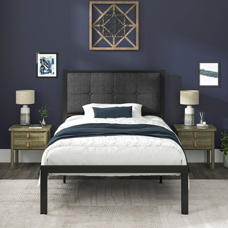 Allewie Twin Metal Platform Bed Frame with Fabric Button Tufted Headboard  12.4  Under-bed Storage  Metal Slats  Grey