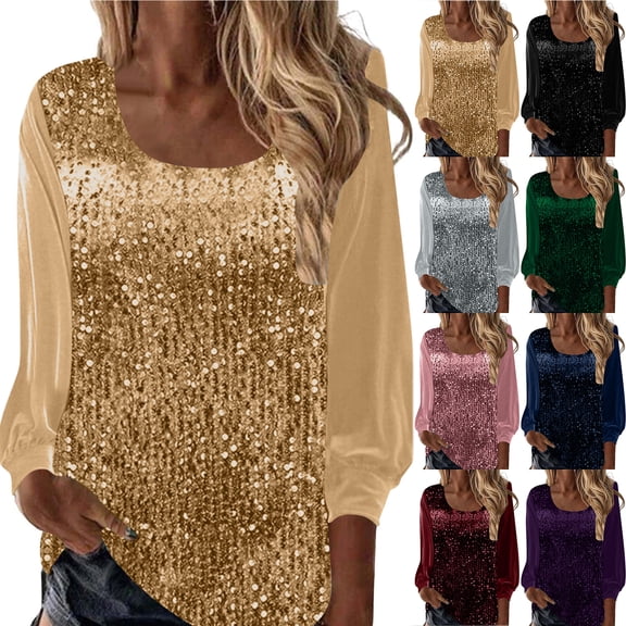 Otntypg Women's Sequin Tops Sheer Long Sleeve Glitter Sparkly Crew Neck Pullover Blouse Loose Oversized Casual Patchwork Dressy Tunic T-Shirts for Evening Party Black L