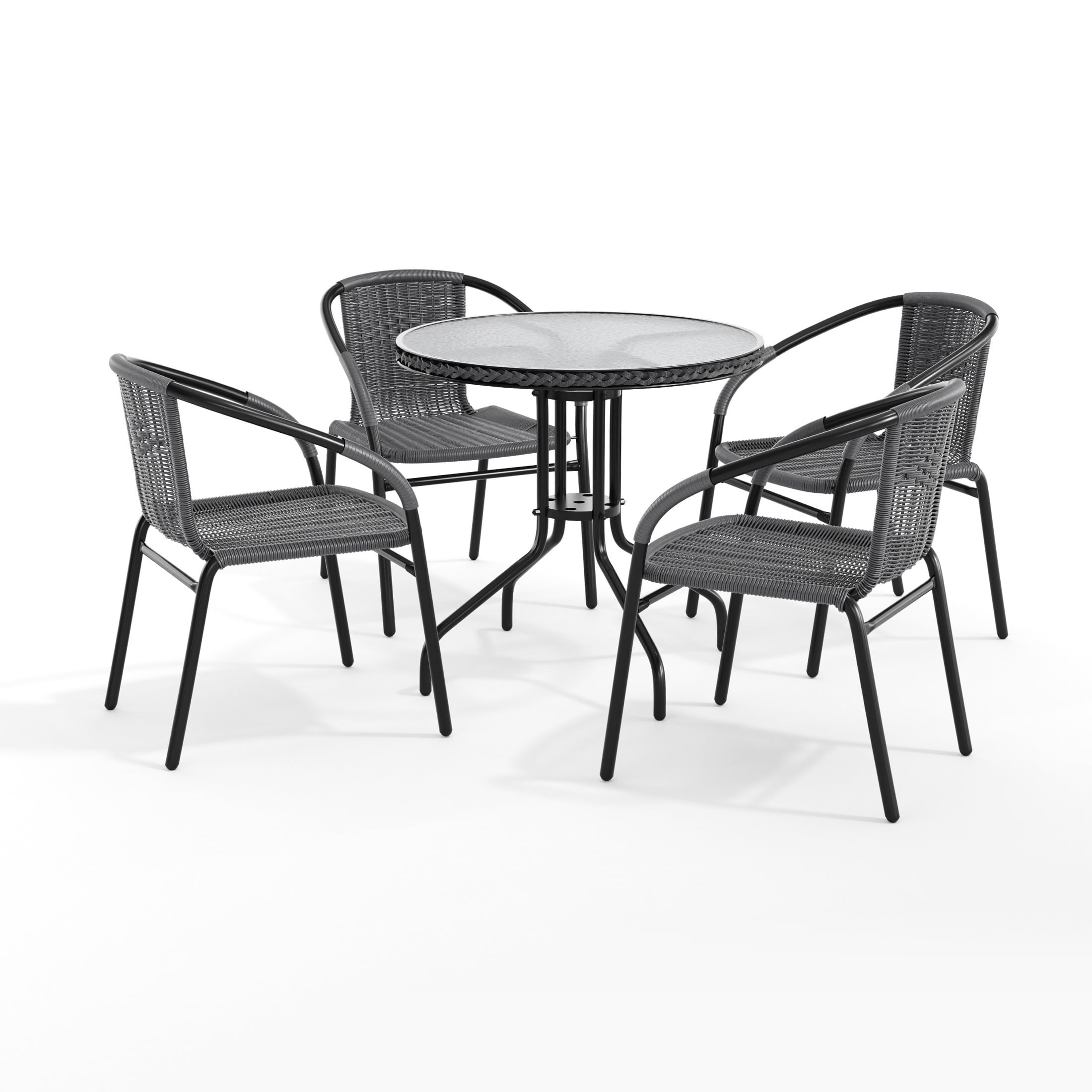 Flash Furniture 28'' Round Glass Metal Table with Gray Rattan Edging and 4 Gray Rattan Stack Chairs