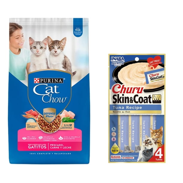 Cat Chow Gatitos Pescado Carne y Leche Defense Plus 7.5 kg + Churu Skin & Coat Atún Snack 4 tubos de 14g