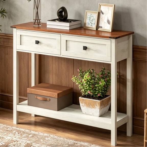 Shaiaield 39" White Farmhouse Style Console Table with 2 Drawer and Bottom Storage Shelf,Rustic Entry Table,Narrow Console Tables for Living room, Hallway