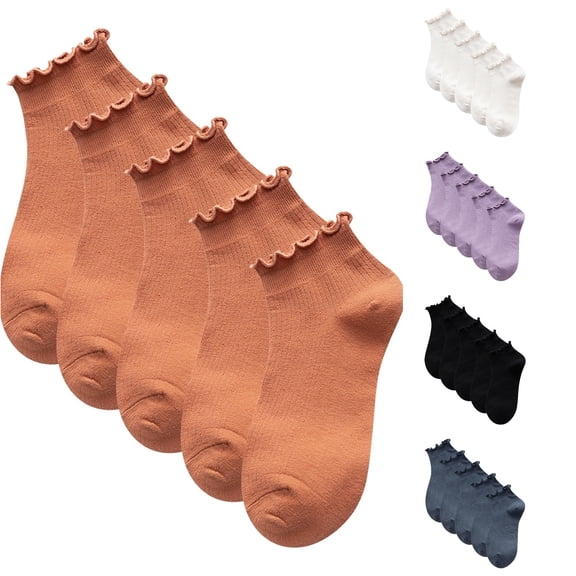 Solid Color Edge No‑show Ankle Socks, Soft Breathable Cotton Ruffle Trim Ladies Socks 5‑piece Set