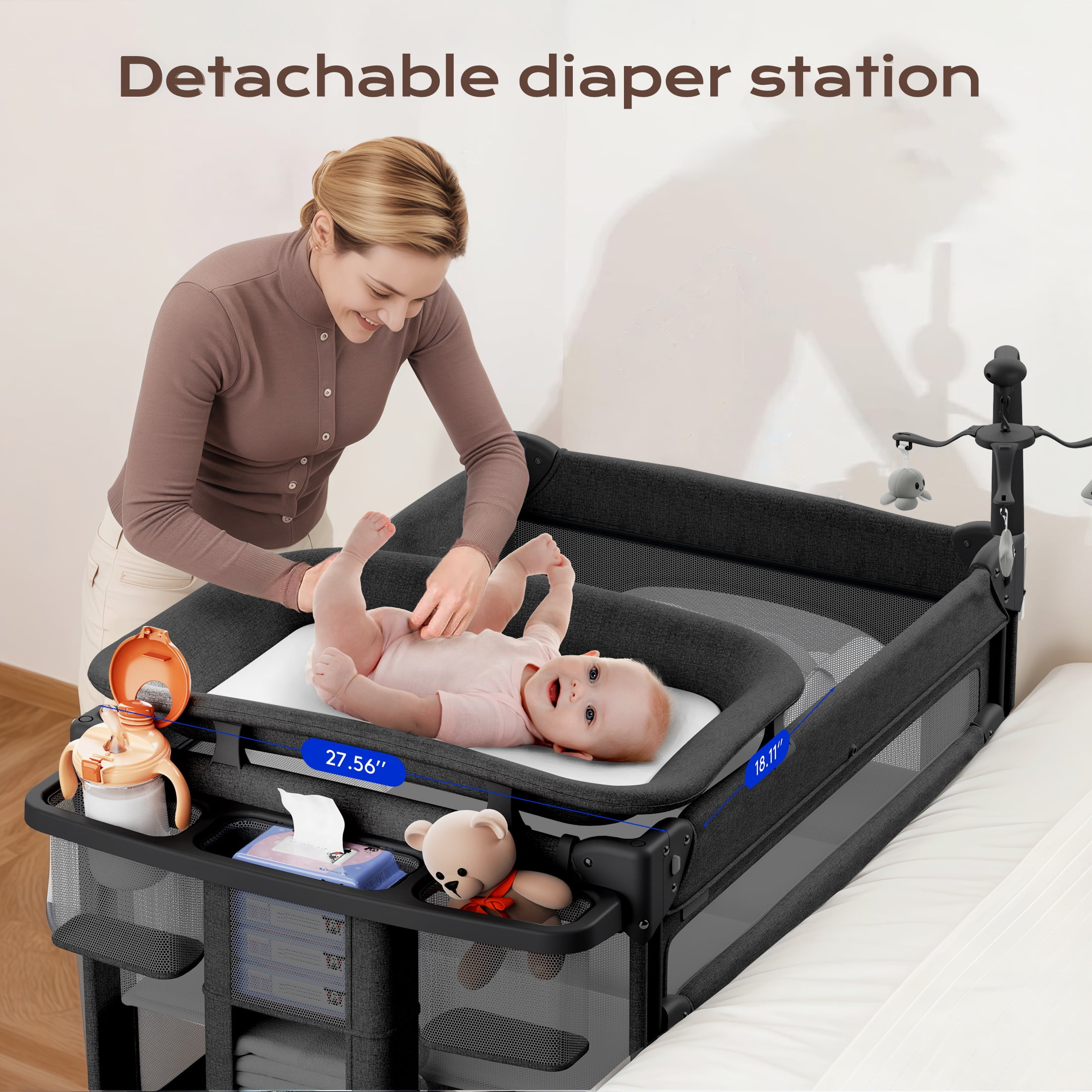 Babyomi Baby Bassinet with Changing Table, 5 in 1 Baby Bassinet Bedside Sleeper with Quick Collection Function and Storage Basket, Toys, Mosquito Net for 0-24 Months, Black