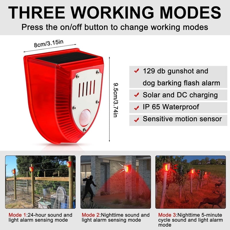Solar Alarm Motion Detector with Sound Outdoor Motion Sensor 129db Barking Dog Strobe Light Gunshot Sound Alarm Detector Noise Maker Warning Lamp for Home Villa Yard Farm