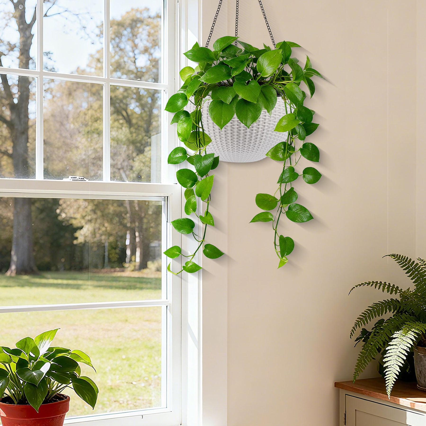 S-HOME Dual-Use Self-Watering Hanging Rattan Planters 13.4 Inch Large Size with Water Level Indicator, for Balcony Decor Indoor Use, White