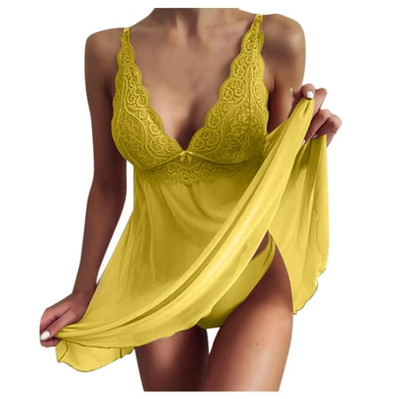 

OVTICZA Women s Teddy Lace V Neck Sleepwear Nightgown Mesh Sexy Chemise Babydoll S Yellow