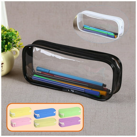 FAMTKT Clear PVC Zipper Pen Pencil Case, Big Capacity Pencil Bag Makeup Pouch Portable Toiletries and Makeup Storage Bag for Office Stationery Travel Storage (Black)