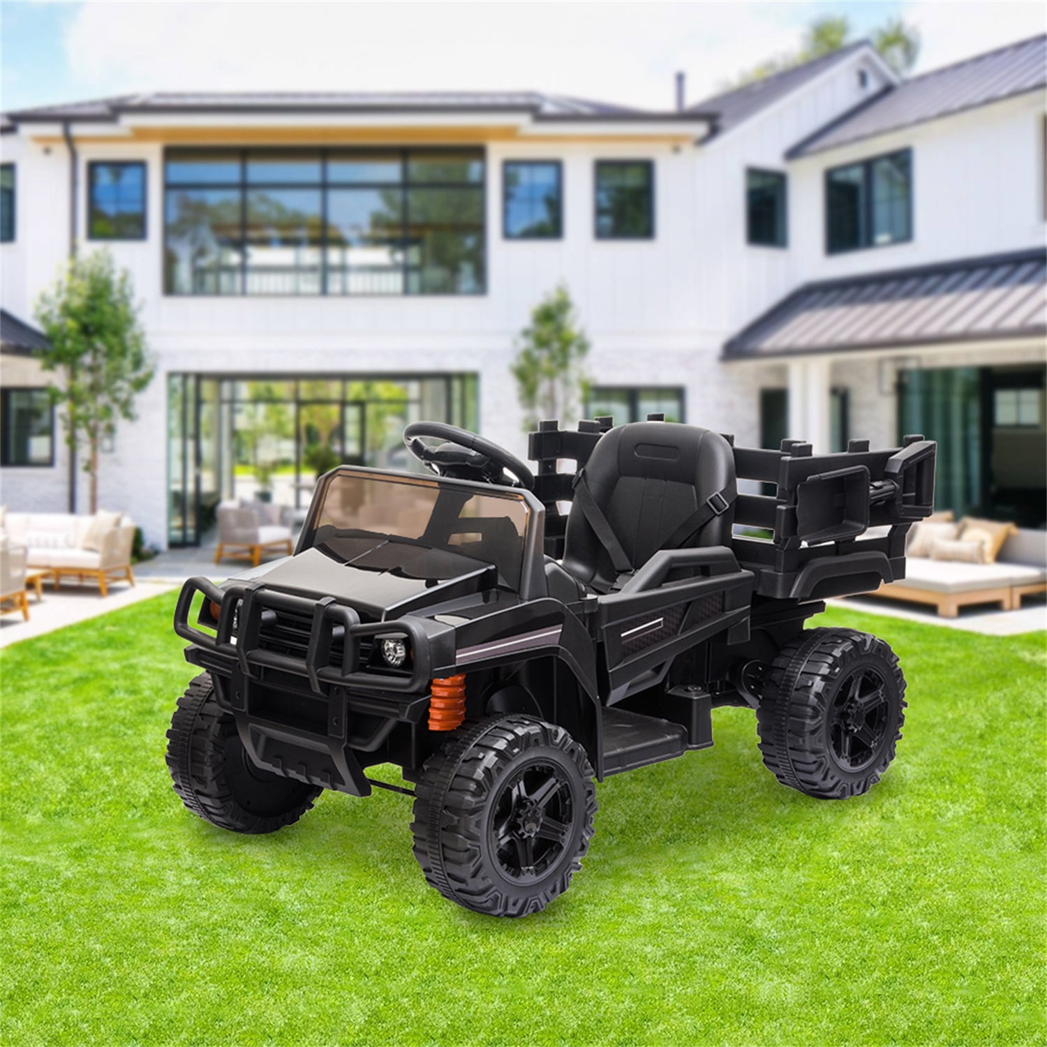 CIPACHO Kids 12V Ride On Truck, Battery Powered Toy Car w/Spring Suspension, Remote Control, 3 Speeds, LED Lights, Black