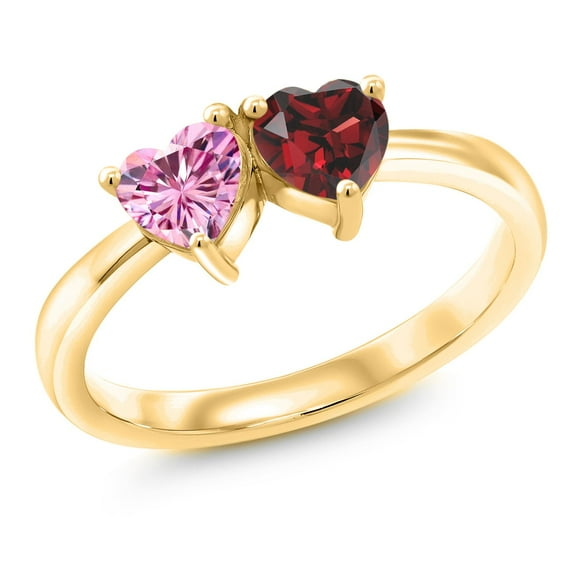 Gem Stone King 18K Yellow Gold Plated Silver Ring Heart Shape Pink Moissanite and Garnet Red (1.10 Cttw, Size 7)