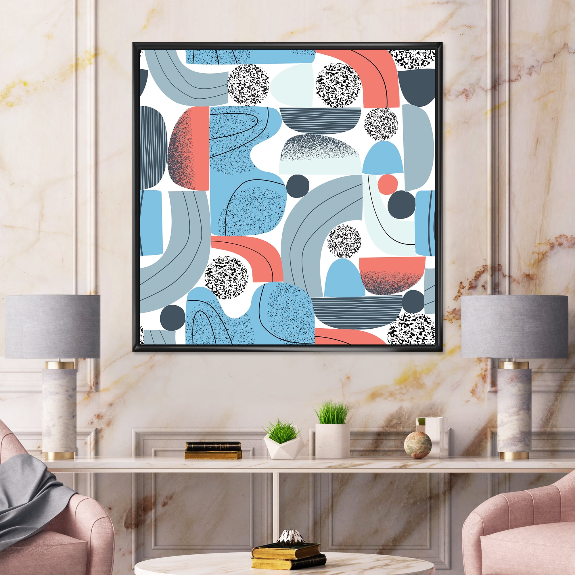 Designart 'Retro Shapes With Abstract Moons and Suns II' Modern Framed Canvas Wall Art Print