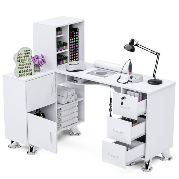 Advwin L-Shaped Manicure Table with Storage Drawers, Shelves, Electric Downdraft Vent, Wrist Cushioin, Salon Corner Manicure Workstation, White
