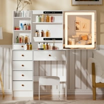 Teousev Modern Makeup Vanity Set with Mirror, LED Light and Stool, Shelves and Drawer Storage, White
