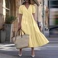 thumbnail image 3 of Dream Lifestyle V-Neck Puff Short Sleeve A-Line Midi Dress Ruffle Stitching Hem Women Casual Dress Female Clothing, 3 of 7