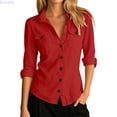 thumbnail image 2 of Kureaily Women's Collared Button Up Chest Pocket Roll Tab Long Sleeve Shirt (Red), 2 of 5