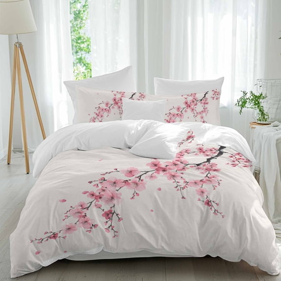 Cherry Blossoms Full Size Comforter Set, Watercolor Pink Floral Nature Vintage Linen Bedding for All Seasons, 4 Pcs Bed Set, 1Quiltcover (86"x86") ,1Sheet(80"x116"), 2Pillowcases (30"x20")