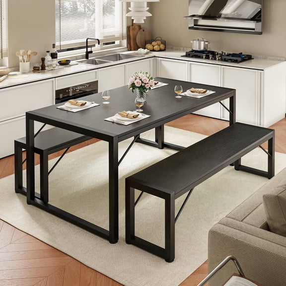Asofer 3 Piece Dining Room Table Set, Black Bench Table Set, Kitchen Table Set for Corner Breakfast Nook