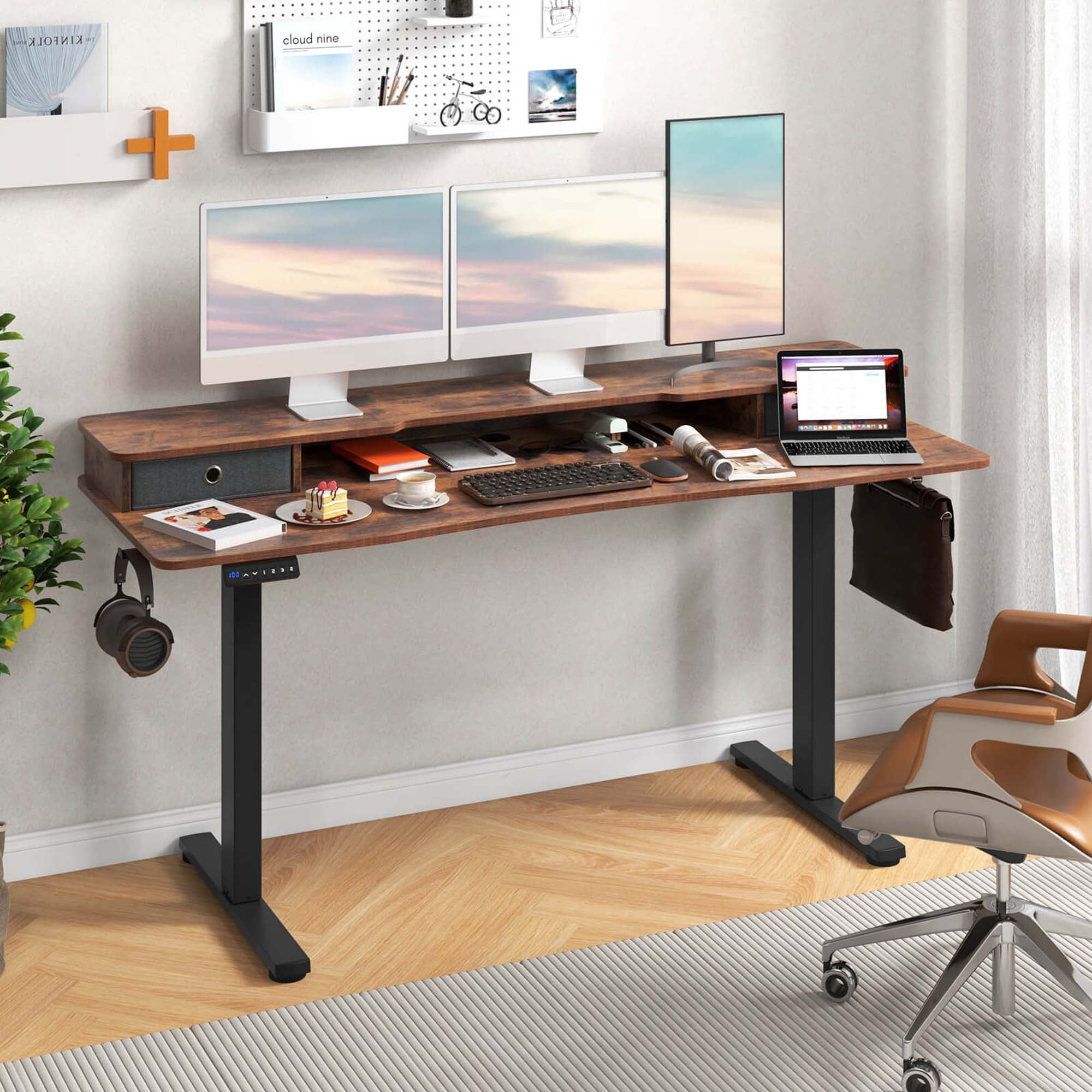 Costway 63" x 24" Electric Standing Desk with 2 Drawers Monitor Stand Storage Shelf Brown