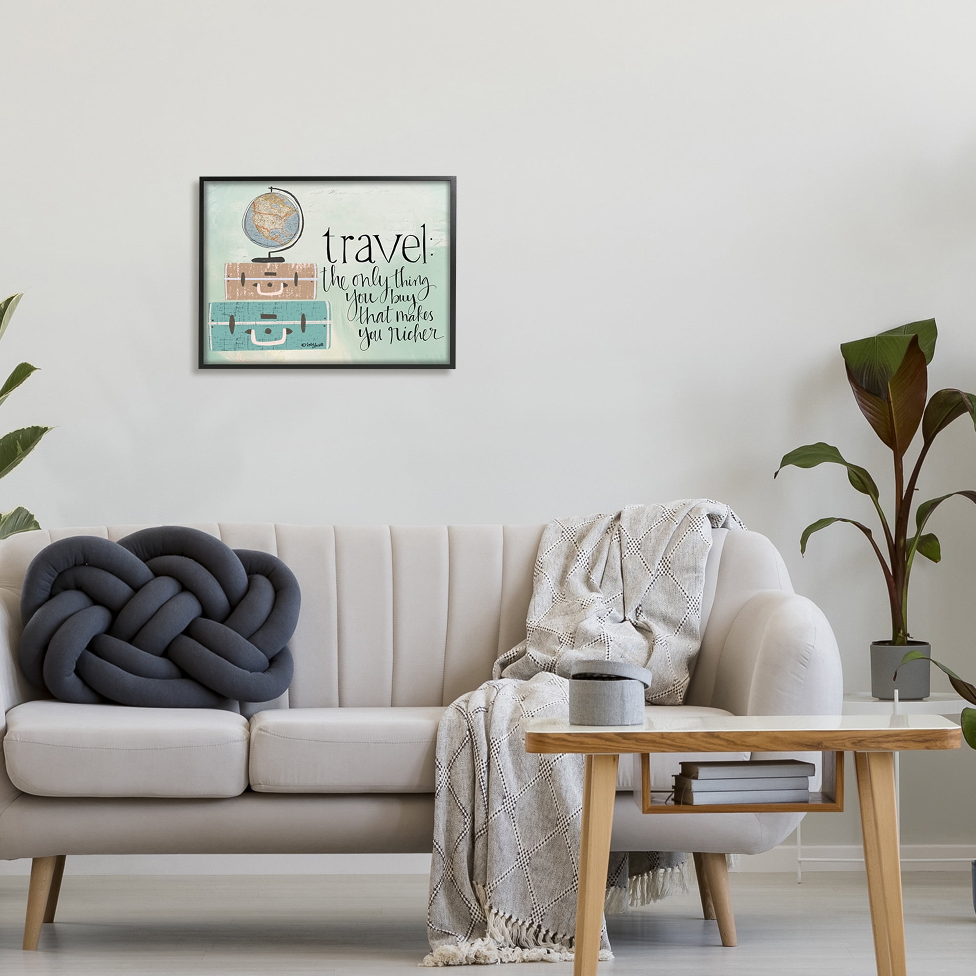 The Stupell Home Decor Aqua Blue Travel Makes You Richer Suitcases and Globe Drawing