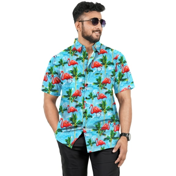 LA LEELA Men's Hawaiian Shirts Short Sleeve Button Down Shirt Men's Summer Shirts Casual Beach Vacation Hawaii Island Shirts for Men Funny L Palm Flamingos, Blue