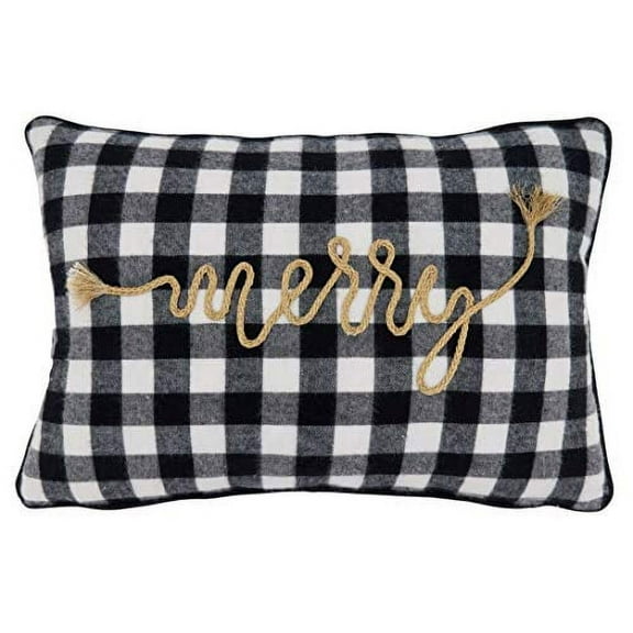 Fennco Styles Buffalo Plaid Merry Decorative Throw Pillow Cover 12" W x 18" L - Black & White Holiday Cushion Case for Christmas, Couch, Living Room, Bedroom and Office Décor