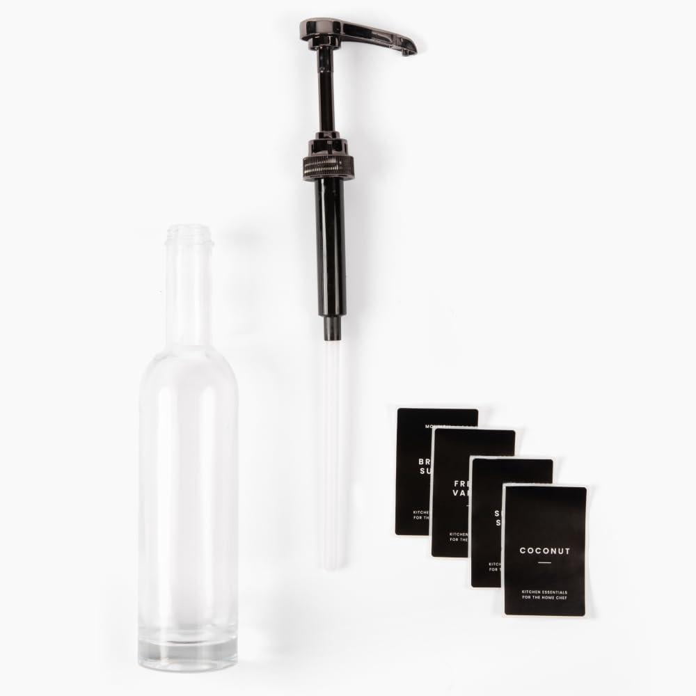 Set Of 4  350ml Coffee Syrup Dispenser For Bar Pump Glass Bottle W. Pumps Simple Labels (black)