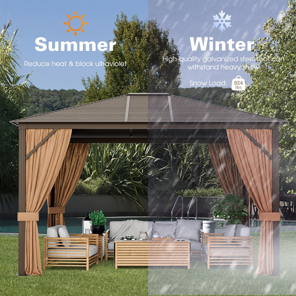 Aimee Lii 12 x10 Feet Outdoor Hardtop Gazebo with Galvanized Steel Top and Netting, Backyard Canopy Gazebo for Party Wedding BBQ Events, Brown