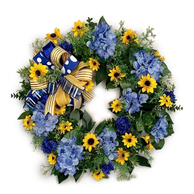 SuChun Party Photo Booth Props Artificial Sunflower Wreath Summer Fall Large Wreaths Springtime All Year Around Flower Green Leaves For Outdoor Front Door Indoor Wall Or Window Decor Blue