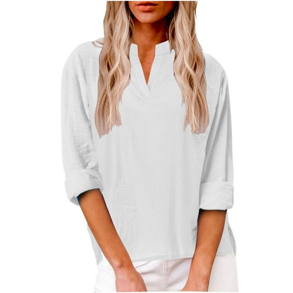 hotojiny Cotton Linen Tops for Women Casual Long Sleeve V Neck Solid Color Shirts Lightweight Soft Fall Blouses