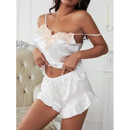 

Women‘s Silk Satin Lace Trim Comfortable Cami Tops & Ruffle Hem Shorts Pajama Sets