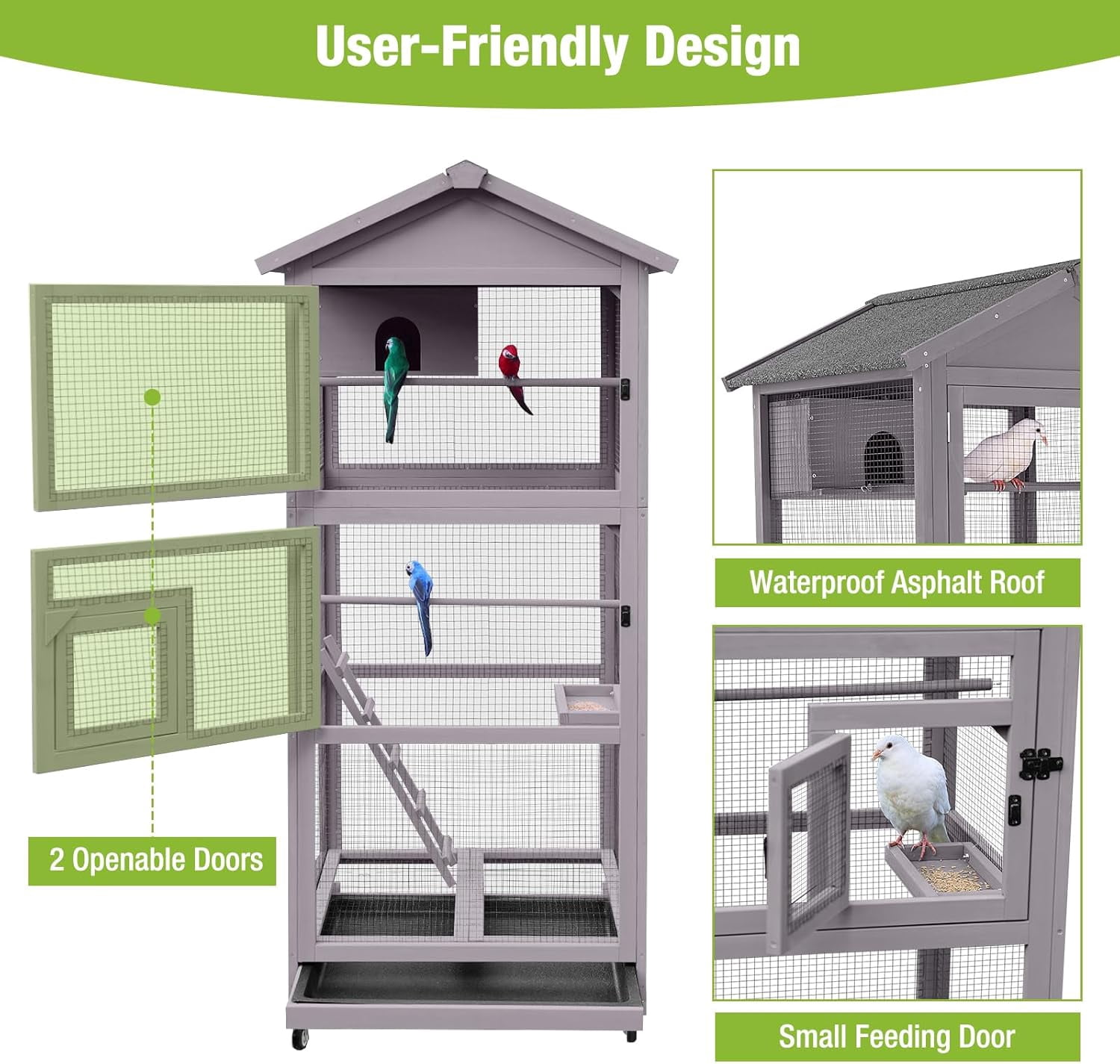 Aivituvin Large Bird Cage Outdoor Wooden Aviary Indoor on Wheels, with Play Stand, Perches, Nest Habitat & Wire Mesh Tray for Easy Cleaning