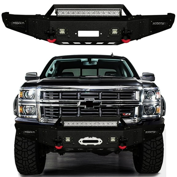 Vijay Compatible with 2014-2015 Chevrolet Silverado 1500 Front Bumper Textured Black Steel with Light and D-ring