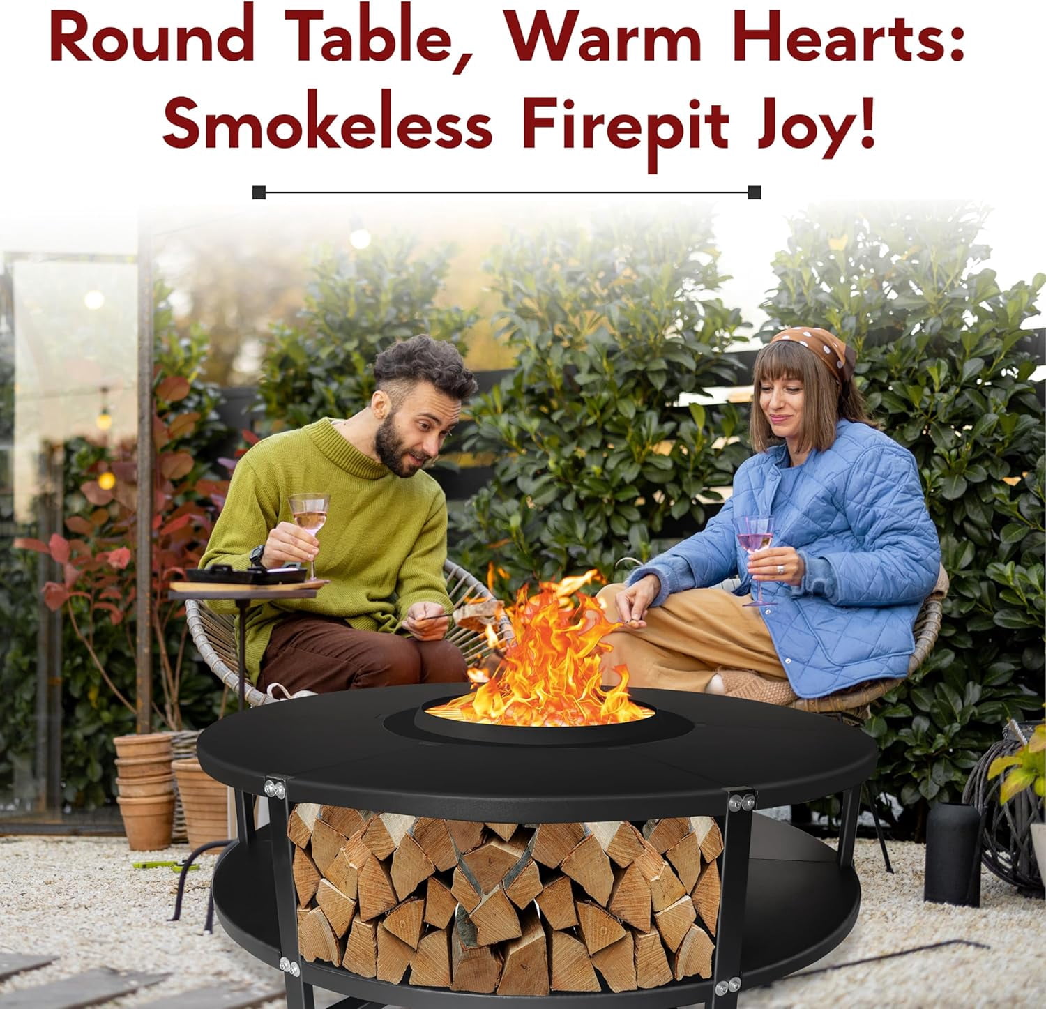 21.6" Smokeless Fire Pit with Round Tabletop and Firewood Storage Shelf - Durable Carbon Steel Bonfire Fire Pit - Smokeless Fire Pits for Outside Gathering