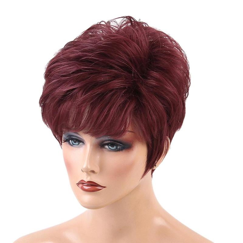 Cool Design Short Straight Wigs With Bangs Wine Red Color Heat Perm OK 70% Real Human Hair Full Head Women Wigs,Pixie Cut Layer Cool Design Short Straight Wigs With Bangs Wine Red Color Heat Perm OK 70% Real Human Hair Full Head Women Wigs,Pixie Cut Layer