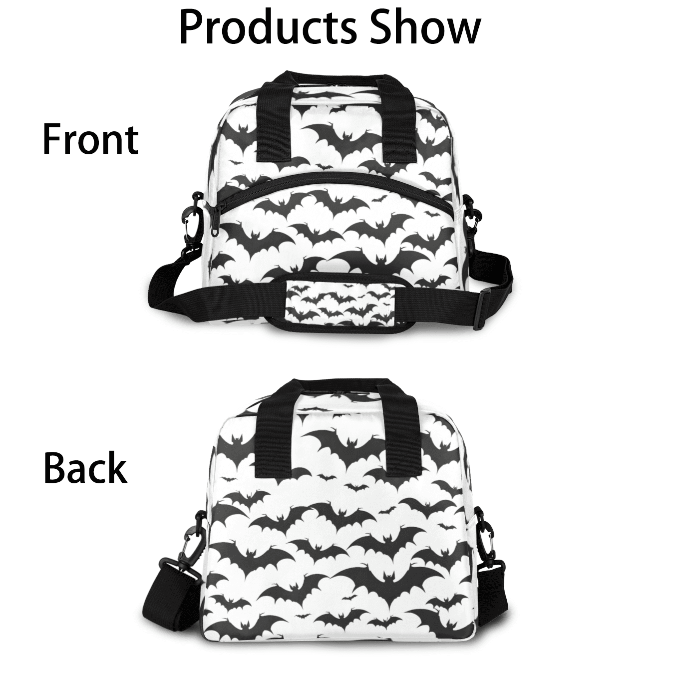 Herdesigns Halloween Bat Insulated Lunch Bag for Women Men Adults Large Reusable Lunch Box Black and White Bat Leakproof Cooler Tote Bags with Adjustable Shoulder Strap