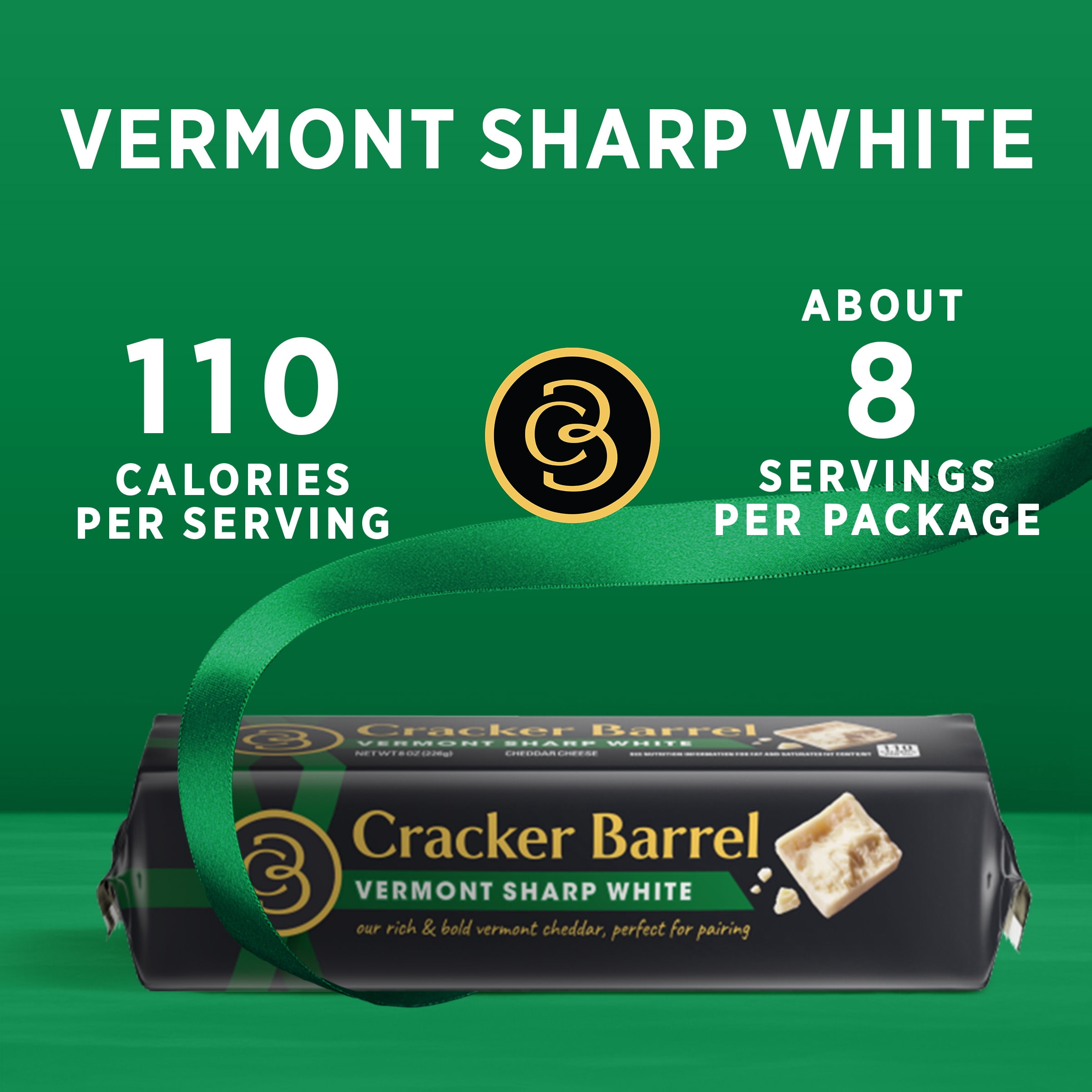 Cracker Barrel Vermont Sharp White Cheddar Cheese, 8 oz Block