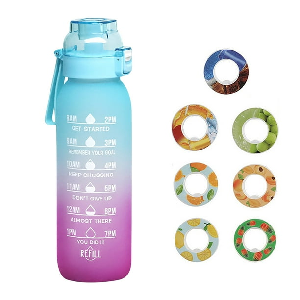 Botella de perfume de 1 litro, juego de botella de agua actualizada con 7 cápsulas, pajita para beber, sin azúcar, botella de agua para exteriores gratis