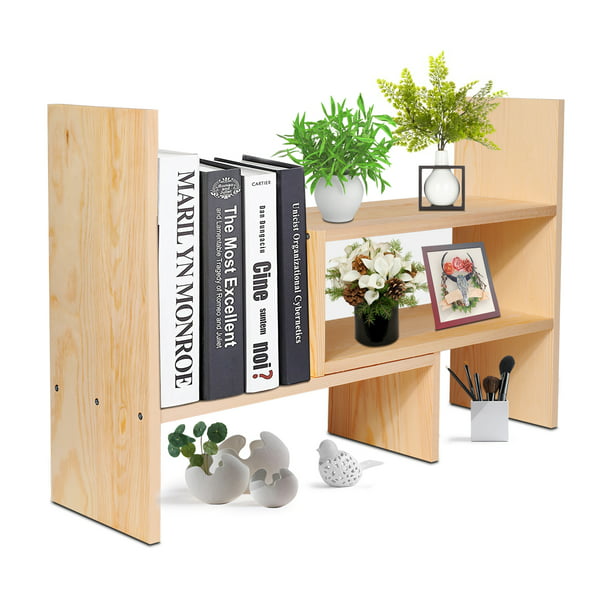 Natural Wooden Desktop Shelf Wood Caddy, Bookcase On Top Of Desktop Screen